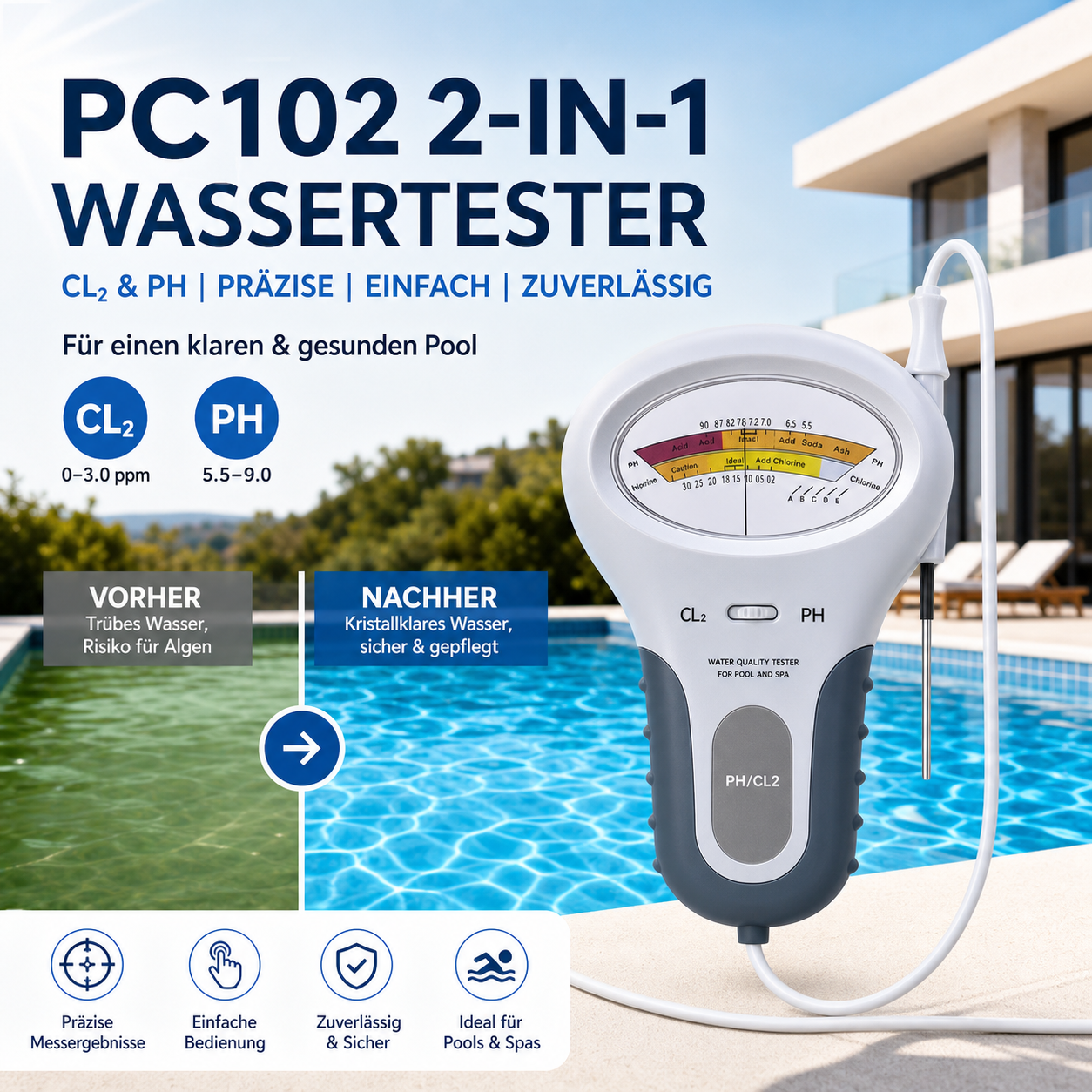 📢📢50 % Rabatt!! 🔬🏊 pH- und Chlortester für Wasser