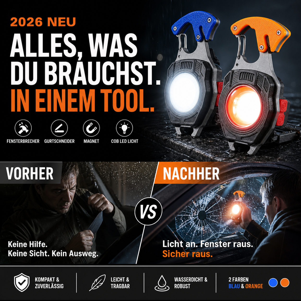 🔥 Neuheit 2026 🔥🔦 Multifunktions-COB-Schlüsselanhängerlampe mit Fensterbrecher, Gurtschneider und Magnet – tragbare Notfallleuchte für Outdoor
