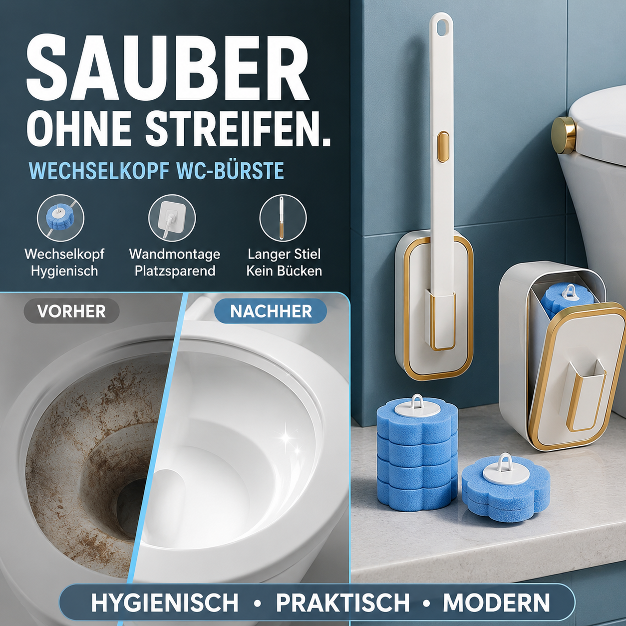 ✨Toilettenreinigungs-Set mit Einweg-Toilettenbürste💧 | 🧽15/25/35 Reinigungsnachfüller + Wandhalter inklusive