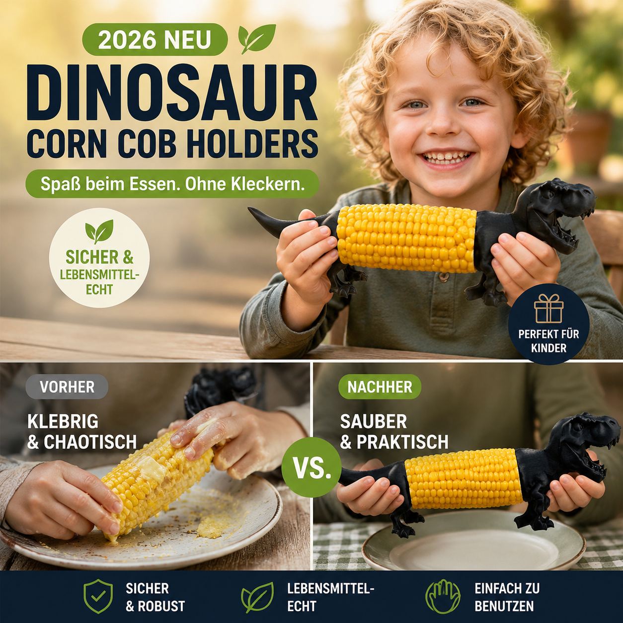 🎁Dinosaurier Maiskolbenhalter für spaßiges Essen, hitzeschützende Maisspieße für Kinder 🦖🌽