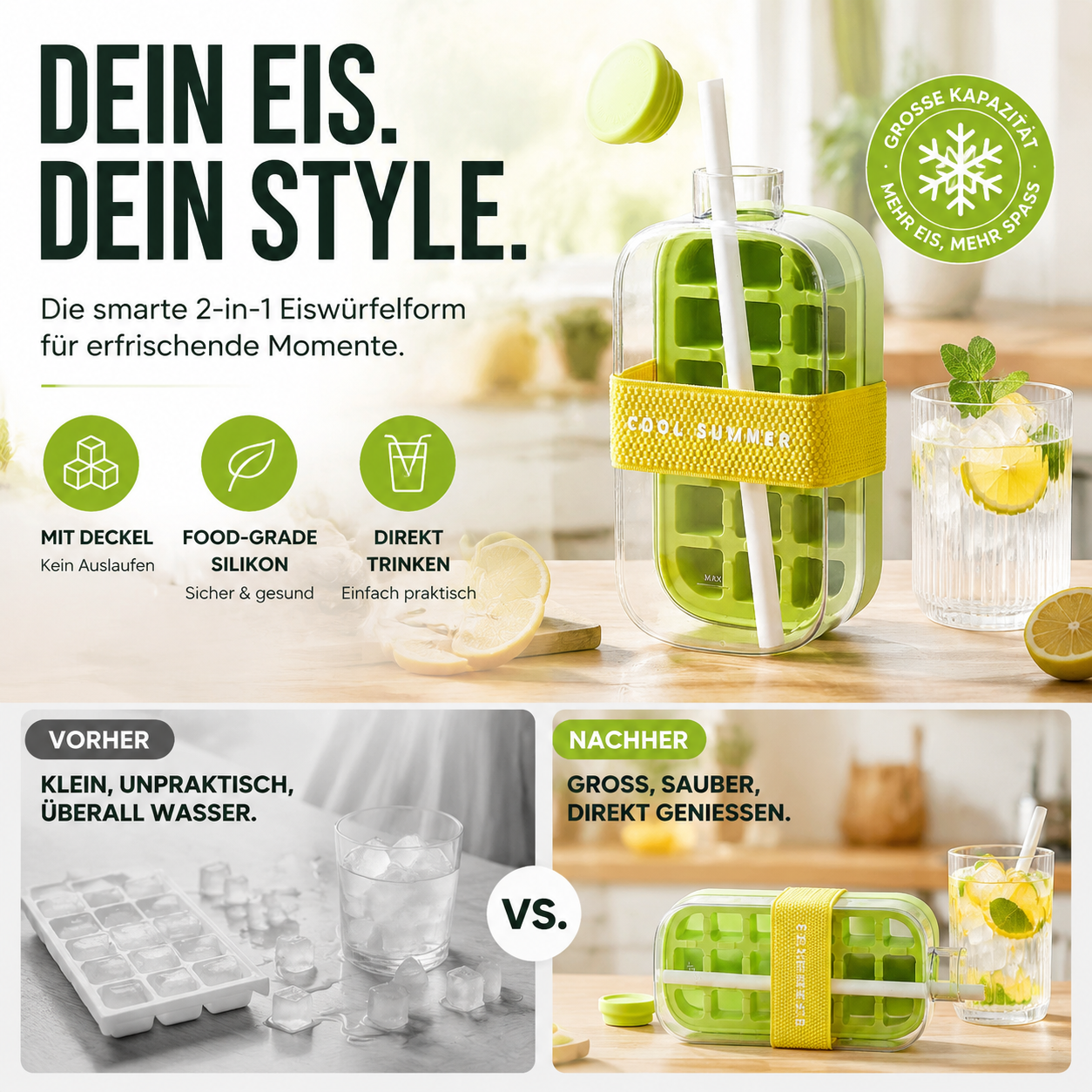 📢📢 50 % Rabatt!! 🥳🧊 Tragbare Getränke‑Eiskanne – Eiswürfelform mit Druck‑Schnellauswurf