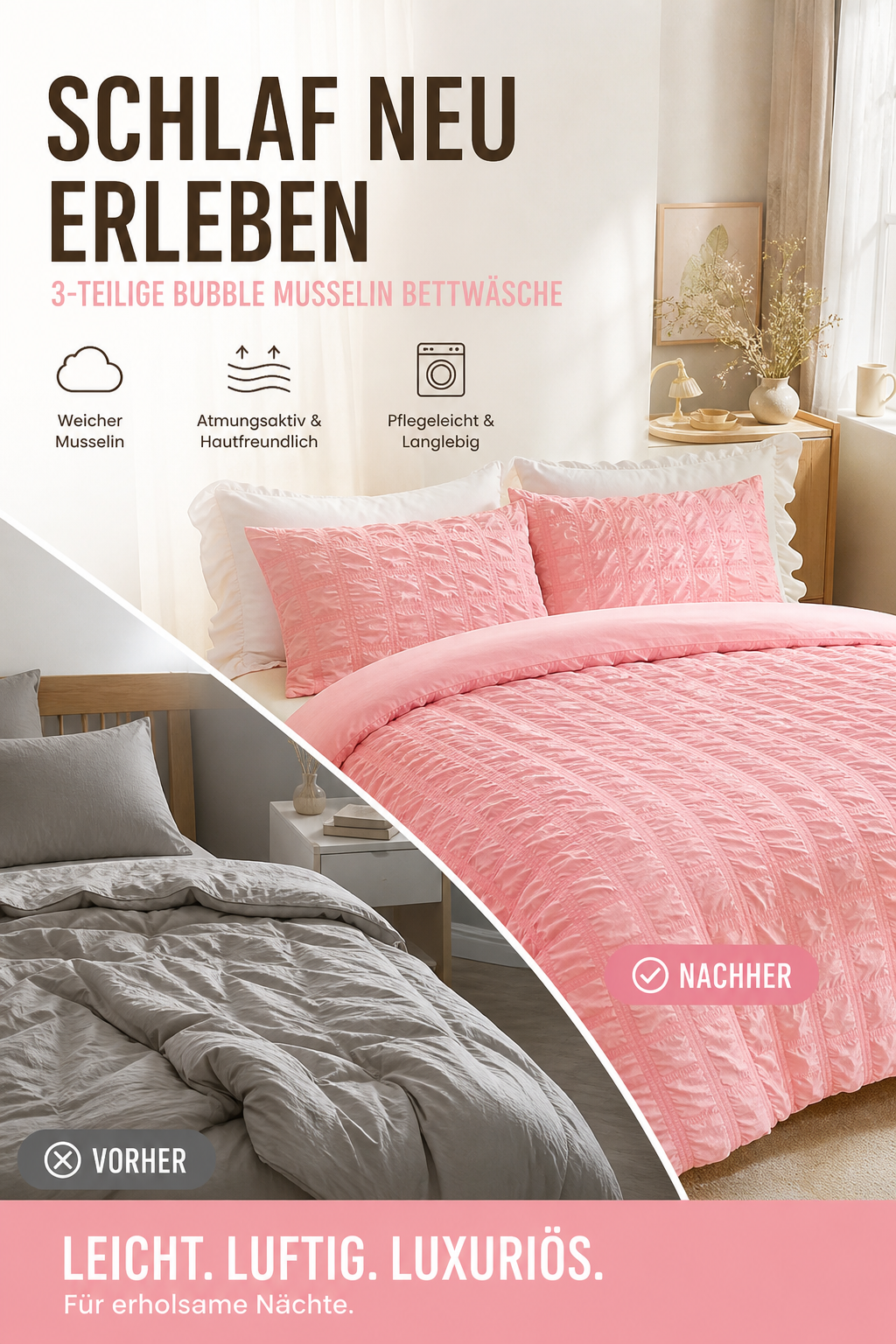 🛋️✨ LIMITIERTES SOMMER-ANGEBOT! 3-teiliges Falten-Bettwäsche-Set – Strukturiert, bügelfrei & atmungsaktiv ❄️🍃