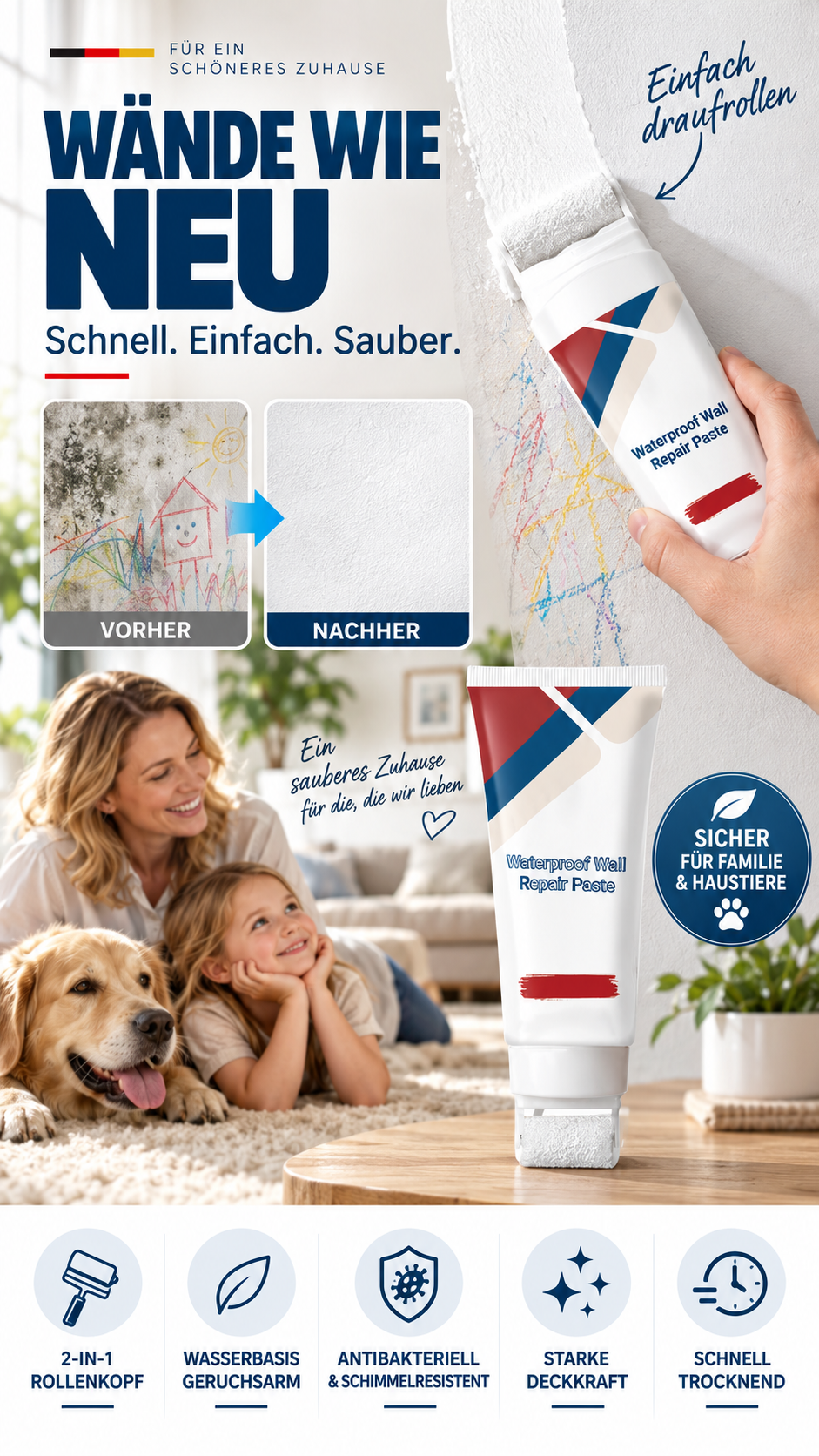 🔥All-in-One-Wandspachtelmasse mit Walzenpinsel