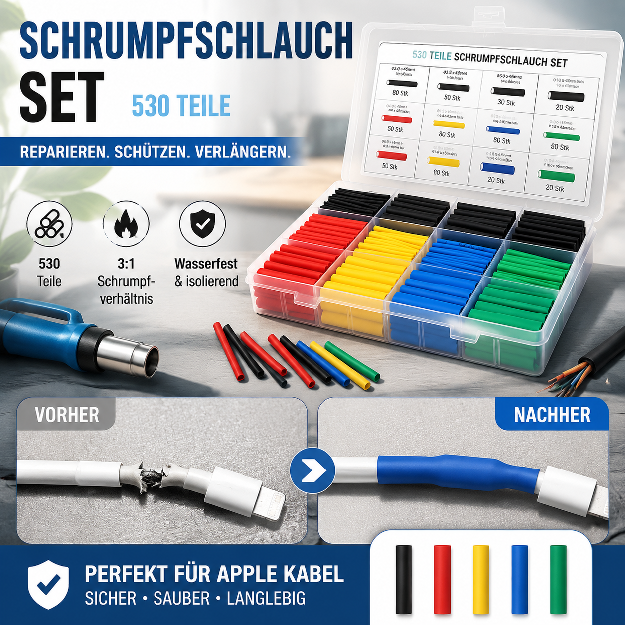 📢📢50 % Rabatt!!+1+1 GRATIS!!⏰🔧 Farbsortiertes Schrumpfschlauch-Set im Koffer | 328/750Teilen🛠️📦