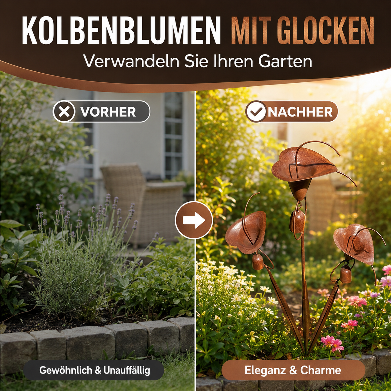 📢📢50 % Rabatt!!🥳🌷Gartenstecker aus geflammtem Kupfer mit drei Calla-Lilien und Glöckchen