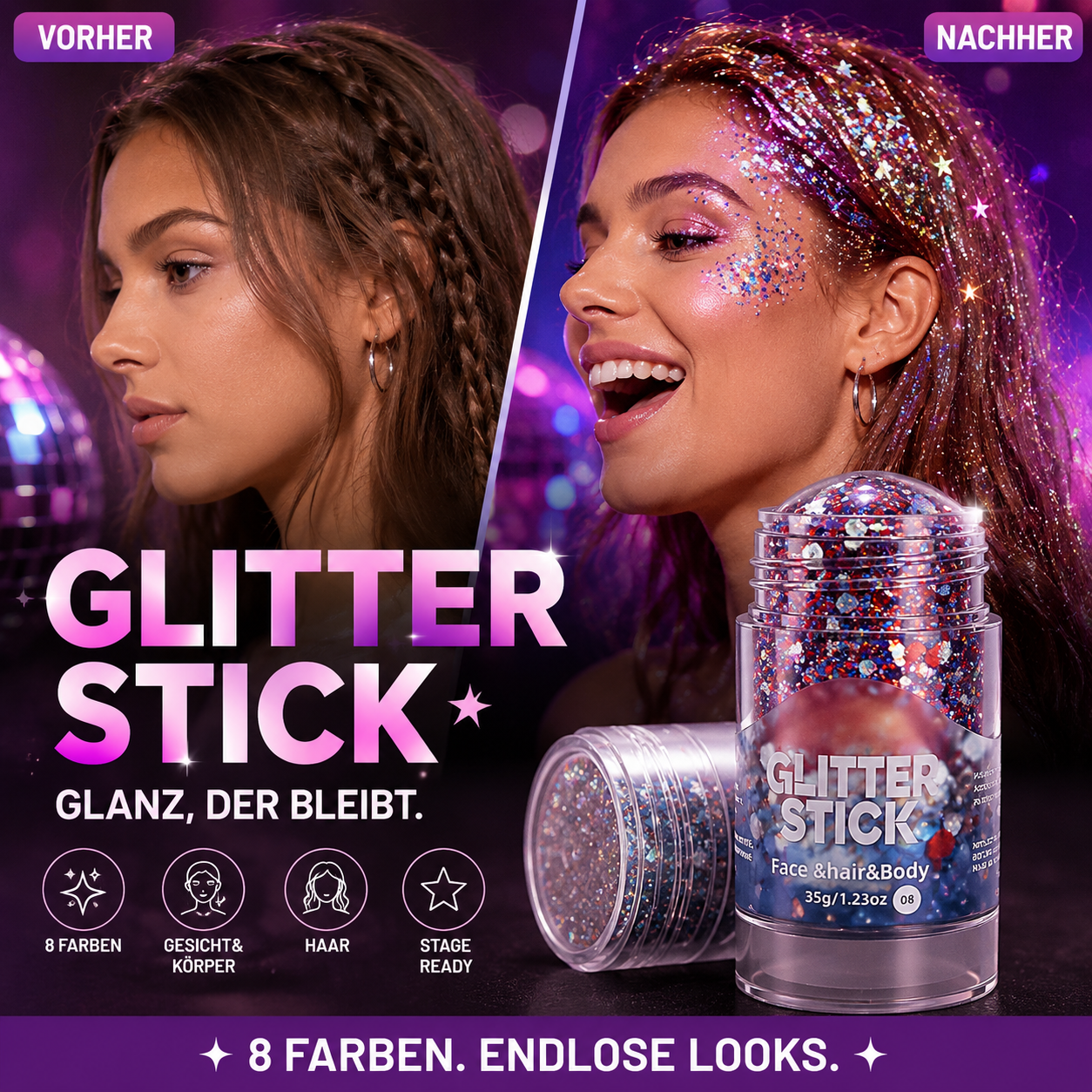 📢📢50 % Rabatt!!🥳 💞2+1 GRATIS!! 🎁✨Vielseitiger Glitzer-Gel-Stick mit grobem Glitzer – Einfache Anwendung für einen strahlenden Look 💖