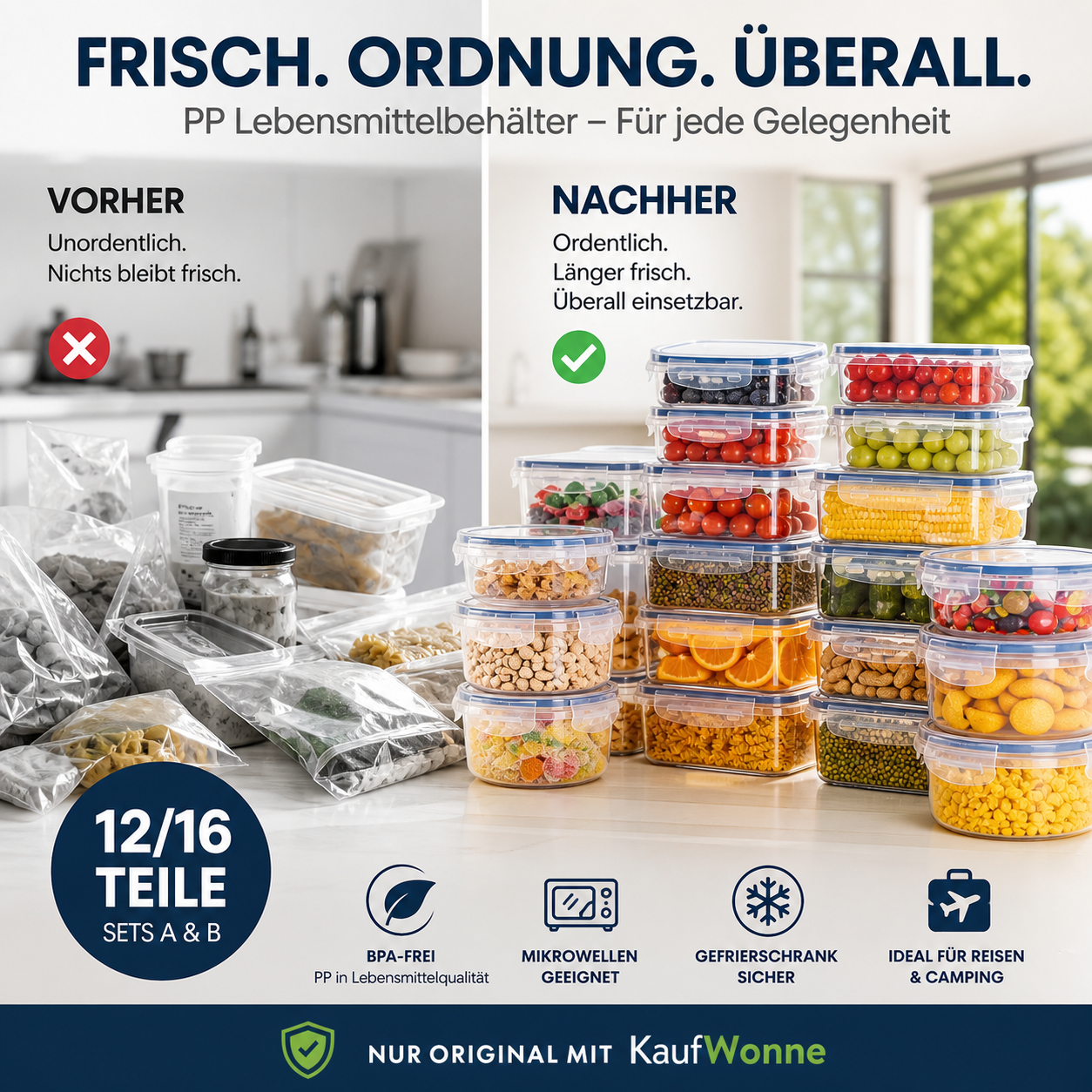 🍱 Vorratsdosen-Set mit Deckeln – 12/16-teiliges Set, ♻️ wiederverwendbar – 💧 auslaufsicher, geeignet für Gefrierschrank ❄️, Backofen 🔥, Mikrowelle ⏲️ und Spülmaschine 🍽️