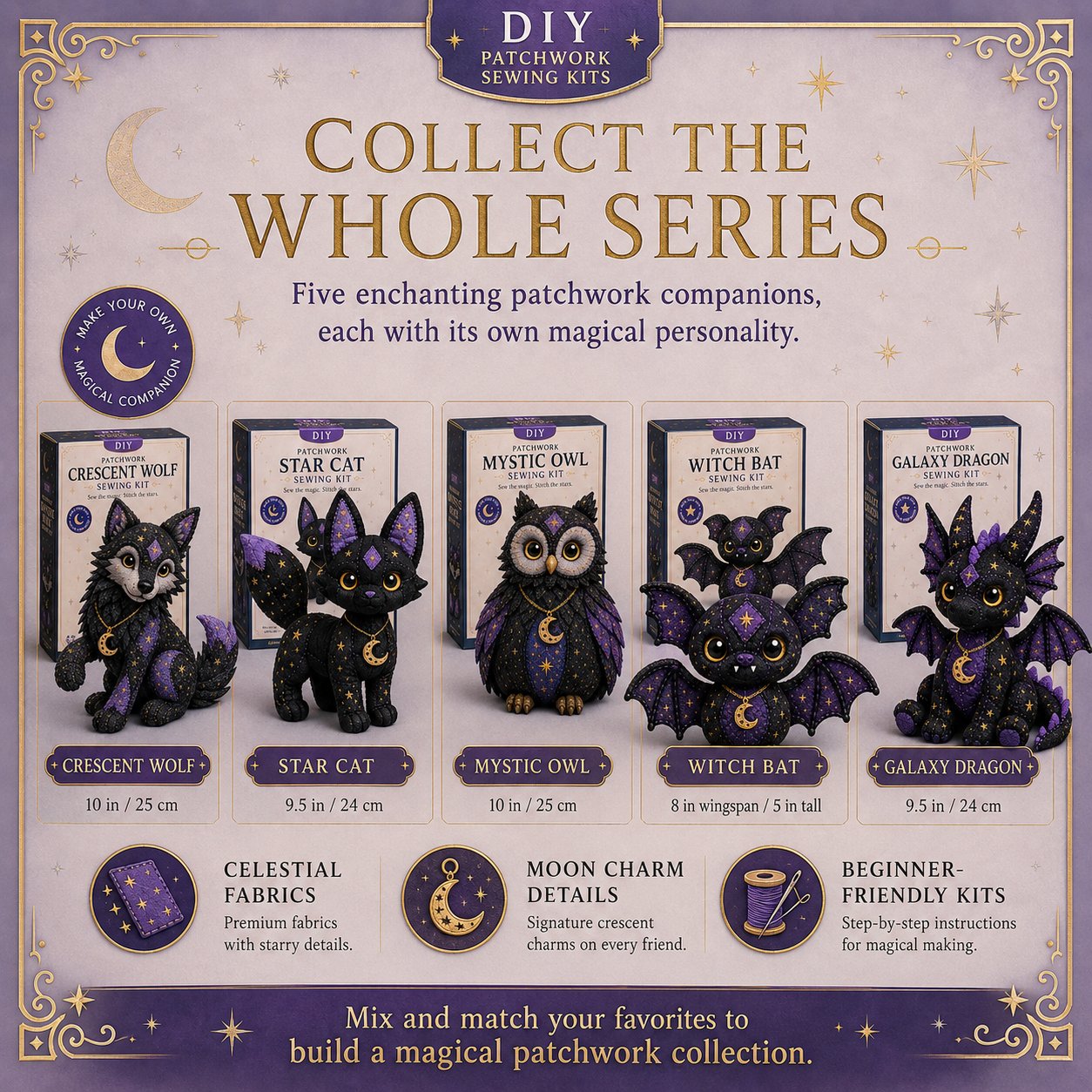 🤩2026 NEU EINGETROFFEN🔥Nähset für Anfänger: Mystische Patchwork-Tiere 🌙 – DIY-Plüsch-Bastelset mit Sternenstoff & Mondanhänger 🧵✨