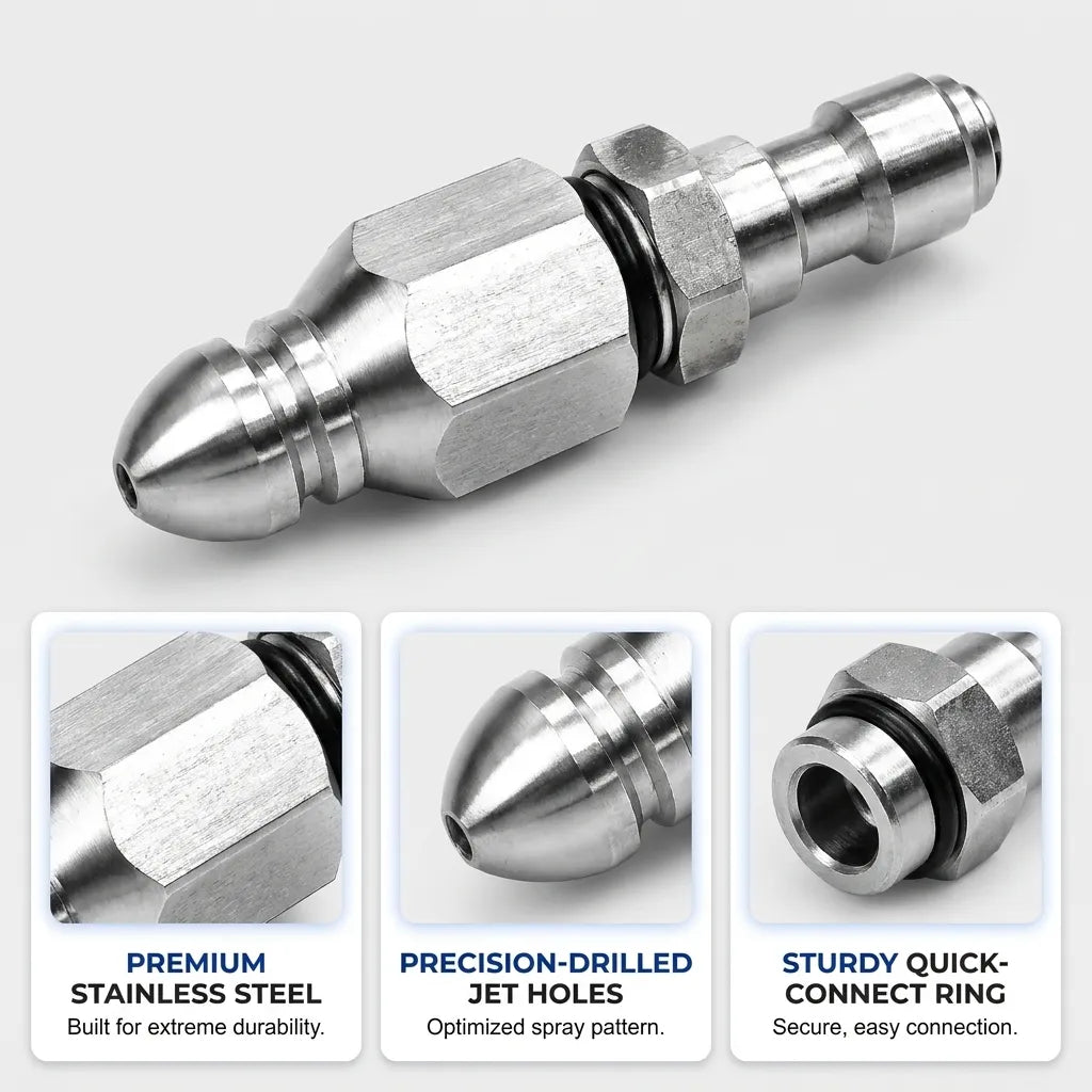 💥 2 kaufen, 1 gratis + 50 % Rabatt! 🔧 Edelstahl-Rohrreinigungsdüse (6500 PSI) – 1/4"-Schnellanschluss für Hochdruckreiniger