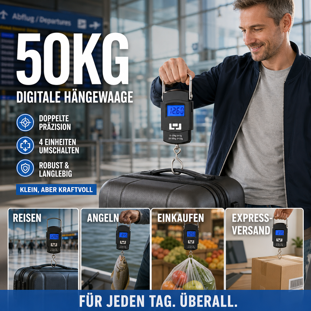🧳Nur kurze Zeit 50% Rabatt! ⚖️Tragbare digitale Hakenwaage, präzise, kompakt & einfach zu bedienen, gegen Übergewicht am Flug, geeignet für Reisen, Angeln und Einkäufe ✈️👍