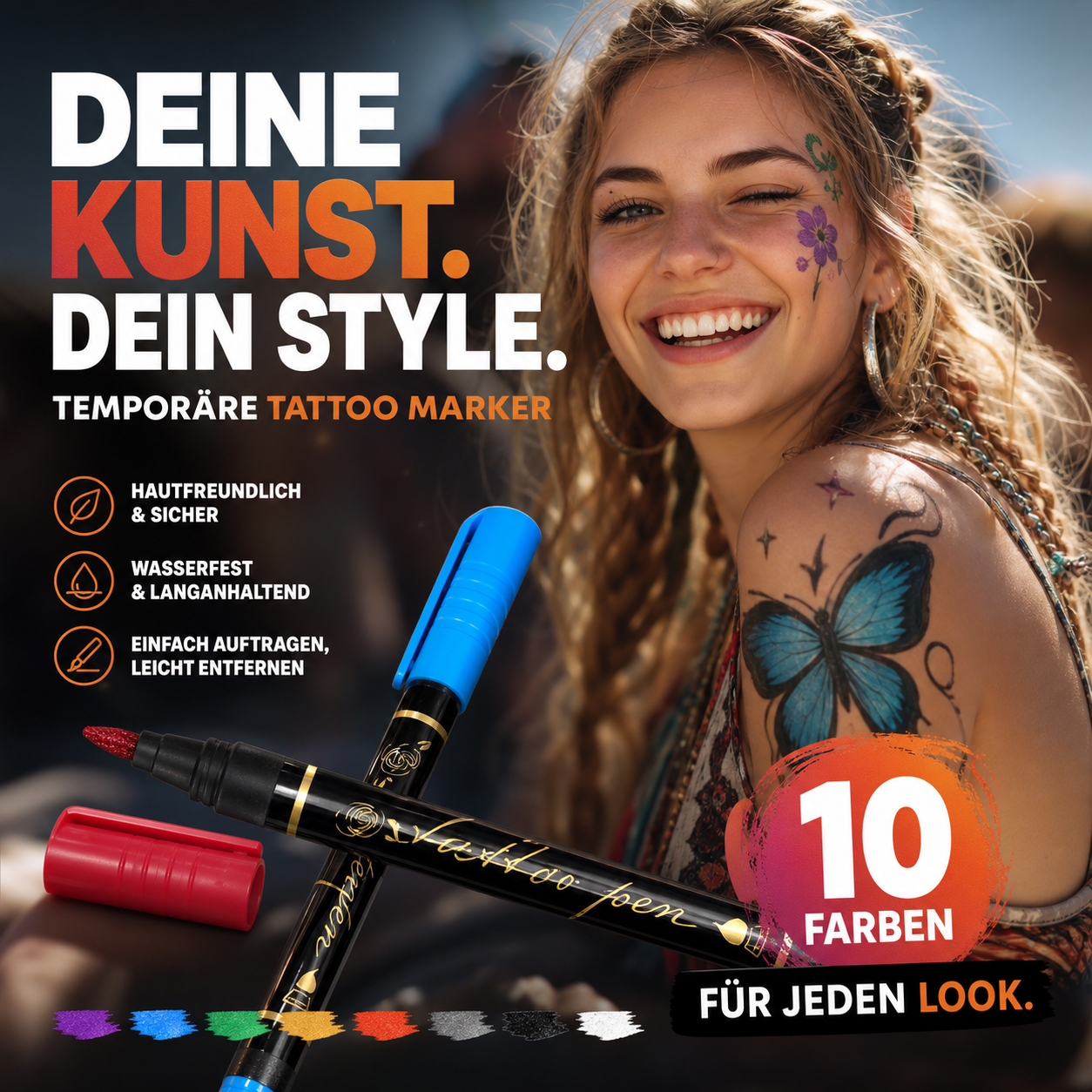 📢📢50 % Rabatt!!🥳💥Set temporärer Tattoo-Marker – 10-farbige Körperkunststifte🌈