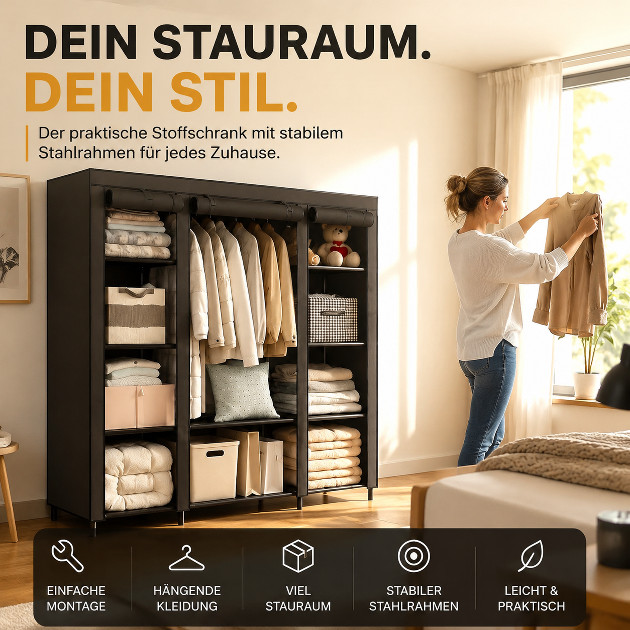 📢📢50 % Rabatt!!⏰💎Einfach zu montierender Kleiderschrank aus Vliesstoff 🧥🪑