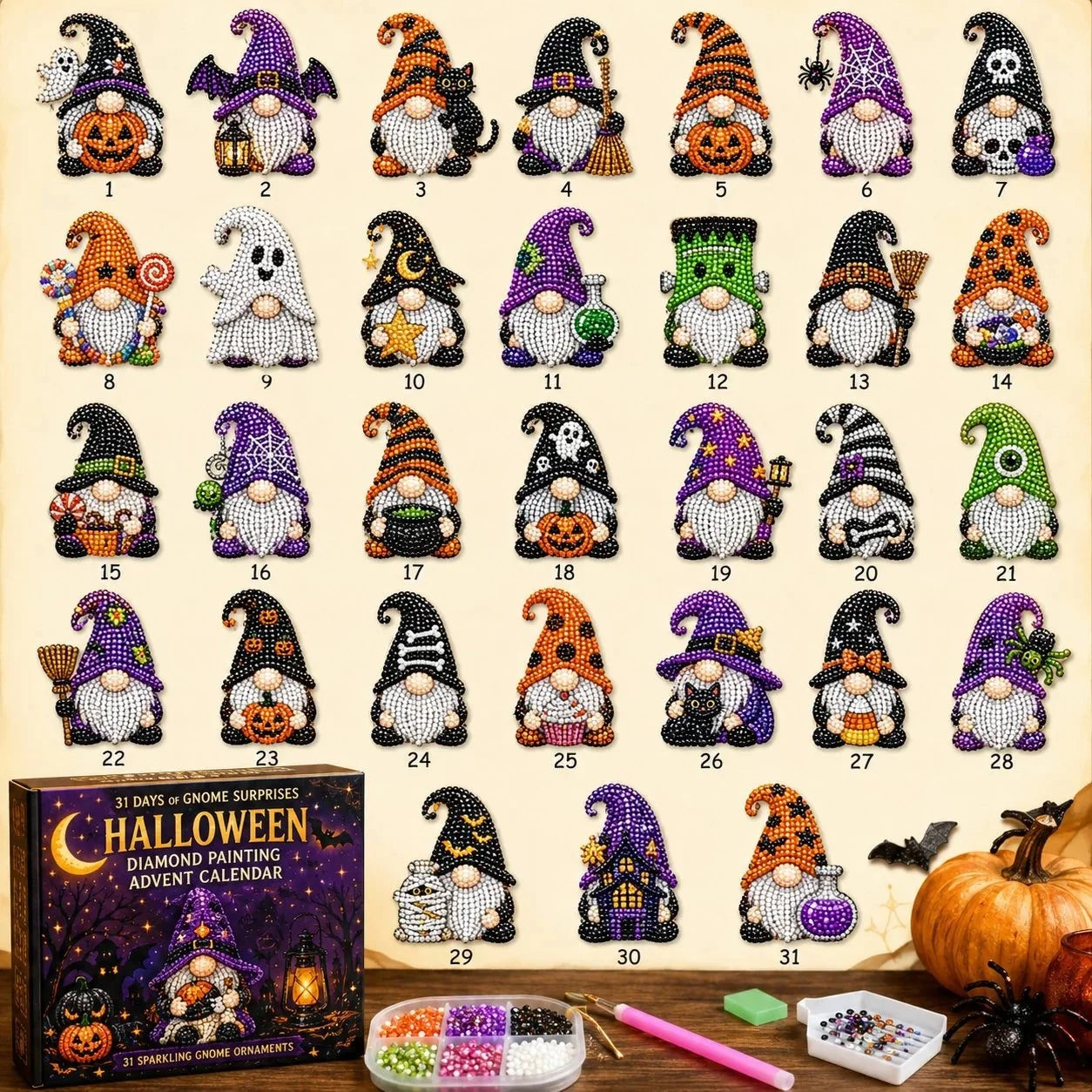 🎉✨ 31 Tage voller Gnome-Überraschungen: Halloween-Diamantmalerei-Adventskalender