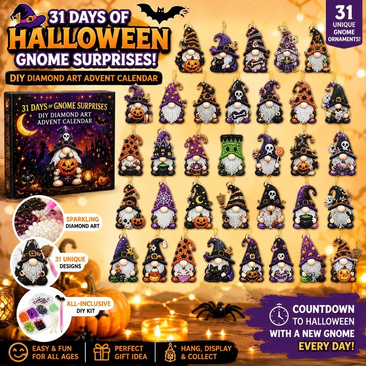 🎉✨ 31 Tage voller Gnome-Überraschungen: Halloween-Diamantmalerei-Adventskalender