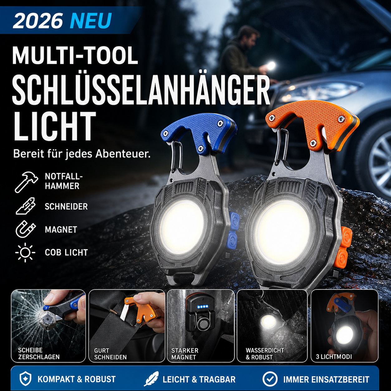 🔥 Neuheit 2026 🔥🔦 Multifunktions-COB-Schlüsselanhängerlampe mit Fensterbrecher, Gurtschneider und Magnet – tragbare Notfallleuchte für Outdoor