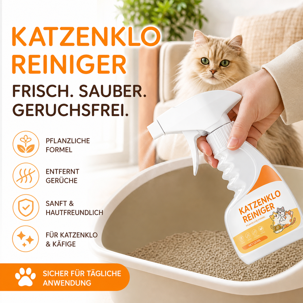 💥 50 % Rabatt! 🐱 Pflanzlicher Katzenstreureiniger – entfernt Flecken und neutralisiert Gerüche. Milde Formel, sicher für die tägliche Anwendung. 120 ml 🧼
