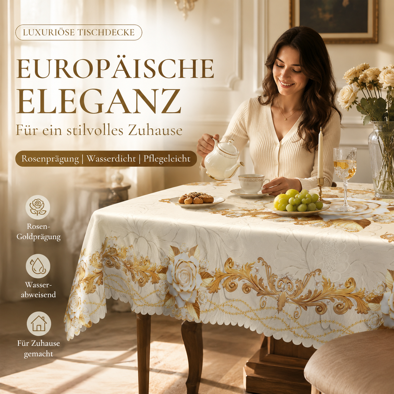 🔥🔥 2026 NEU 🥳🌹Wasserdichte goldene Rosen-Tischdecke