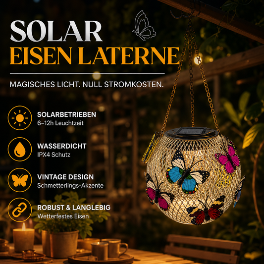⏳🔥50% RABATT 🦋 Solar-Eisenlaterne mit Schmetterlingsmotiv – wetterfeste Dekoleuchte für Garten, Terrasse & Balkon☀️✨