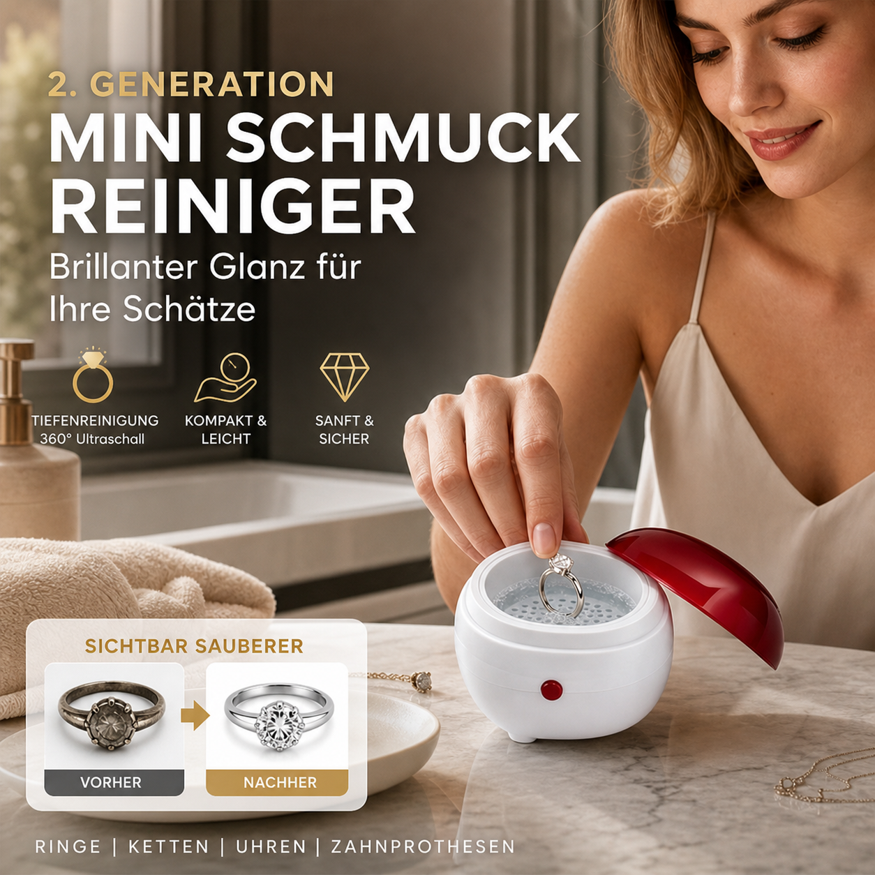 📢📢50 % Rabatt!! 💎✨ Mini-Schmuckreiniger – geeignet für Gold, Silber, Uhren und Zahnprothesen, kompakt & tragbar