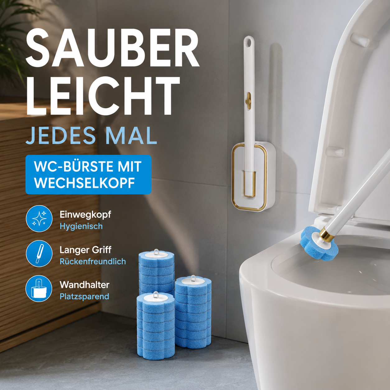 ✨Toilettenreinigungs-Set mit Einweg-Toilettenbürste💧 | 🧽15/25/35 Reinigungsnachfüller + Wandhalter inklusive
