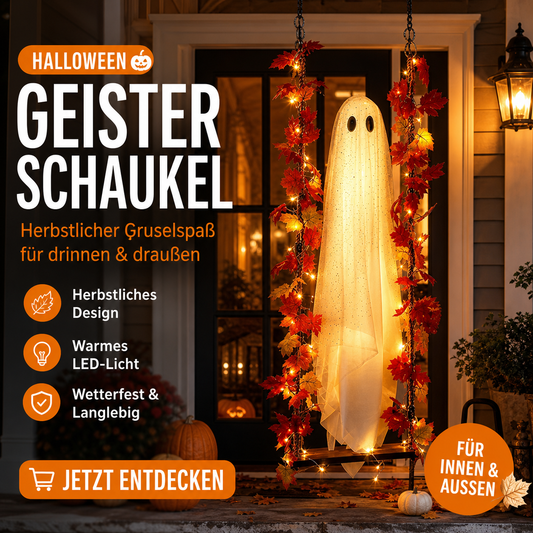 👻 Hängender Halloween-Geist auf Schaukel mit ferngesteuerter LED-Beleuchtung & Ahornblättern