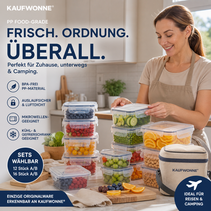 🍱 Vorratsdosen-Set mit Deckeln – 12/16-teiliges Set, ♻️ wiederverwendbar – 💧 auslaufsicher, geeignet für Gefrierschrank ❄️, Backofen 🔥, Mikrowelle ⏲️ und Spülmaschine 🍽️
