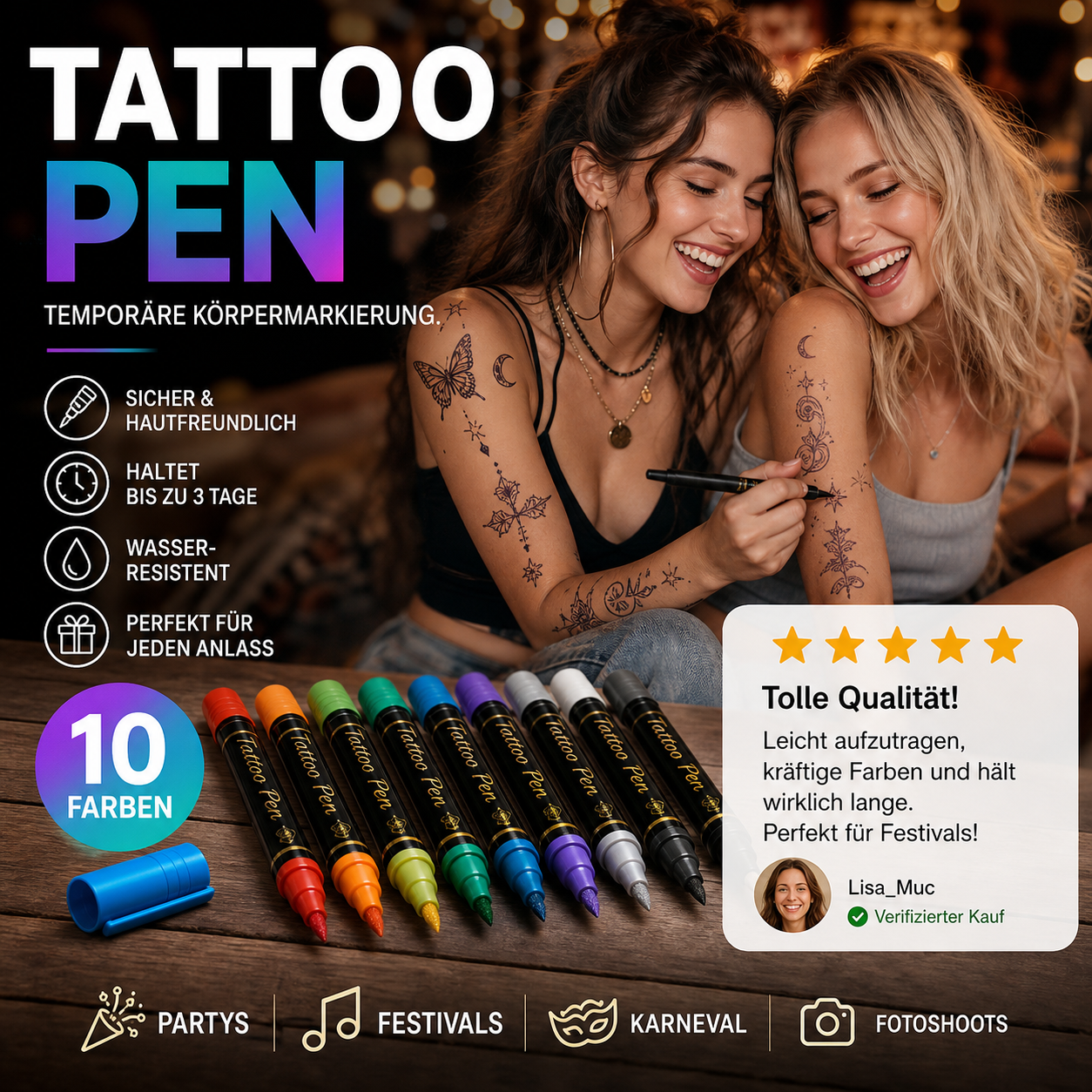 📢📢50 % Rabatt!!🥳💥Set temporärer Tattoo-Marker – 10-farbige Körperkunststifte🌈