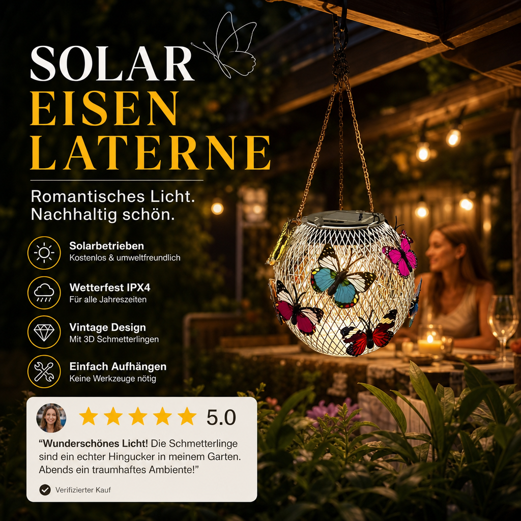 ⏳🔥50% RABATT 🦋 Solar-Eisenlaterne mit Schmetterlingsmotiv – wetterfeste Dekoleuchte für Garten, Terrasse & Balkon☀️✨