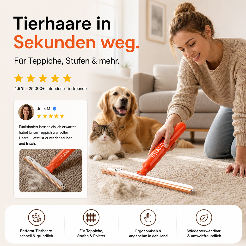 📢📢 50 % Rabatt!! ⏰🐾 Wiederverwendbarer Tierhaarentferner mit Metallkante & ergonomischem Griff für Teppiche und Polster