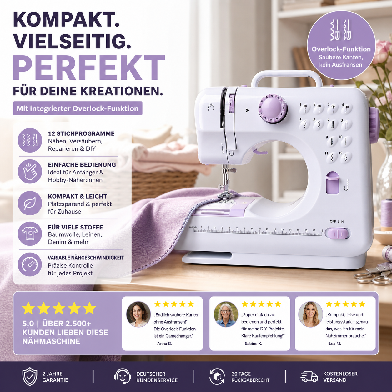 🧵 50% RABATT! 🛍️Multifunktionale Nähmaschine mit Overlock-Stich