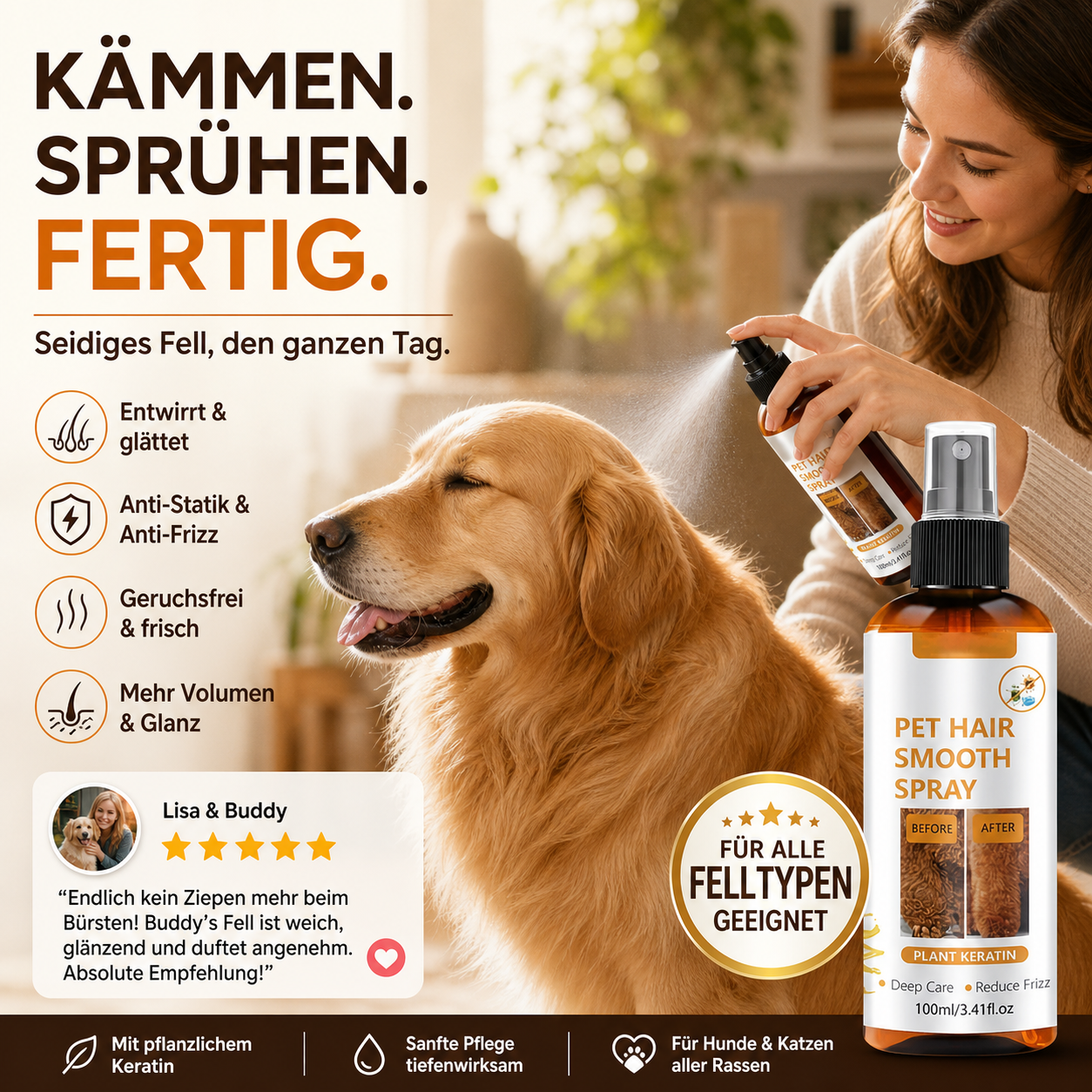 🔥🎁 2+1 GRATIS!!🥳 💞 50K+ VERKAUFT! 🐾✨ Haarentwirr‑Spray für Hunde und Katzen 100 ml, pflegend, gegen verfilztes Fell