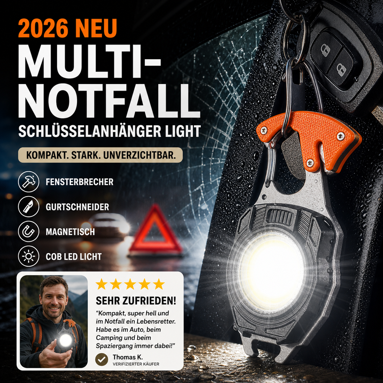 🔥 Neuheit 2026 🔥🔦 Multifunktions-COB-Schlüsselanhängerlampe mit Fensterbrecher, Gurtschneider und Magnet – tragbare Notfallleuchte für Outdoor