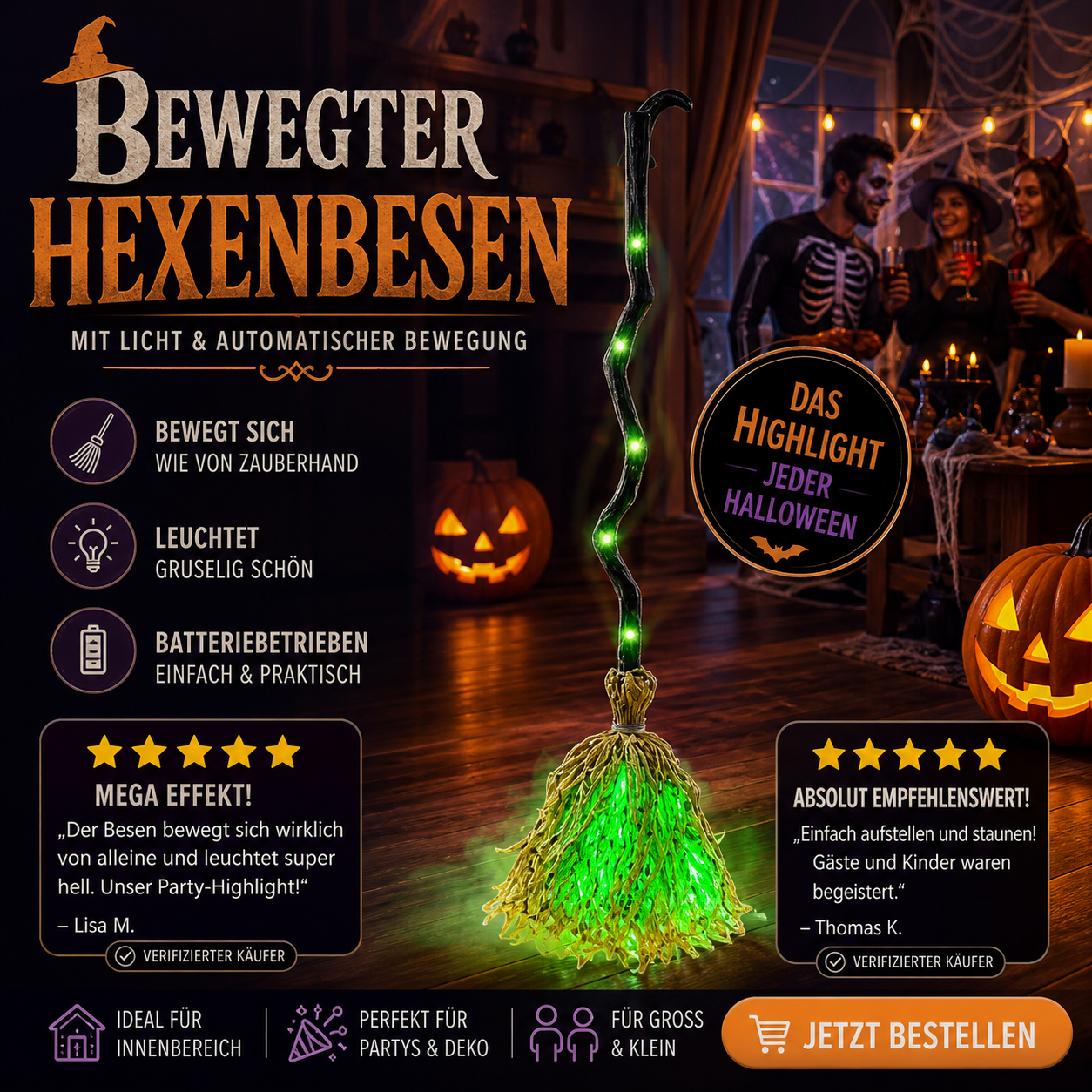 🧙 Nur für kurze Zeit: 55 % Rabatt! 🥳 Animierter Hexenbesen als Halloween-Dekoration mit Licht und Sound