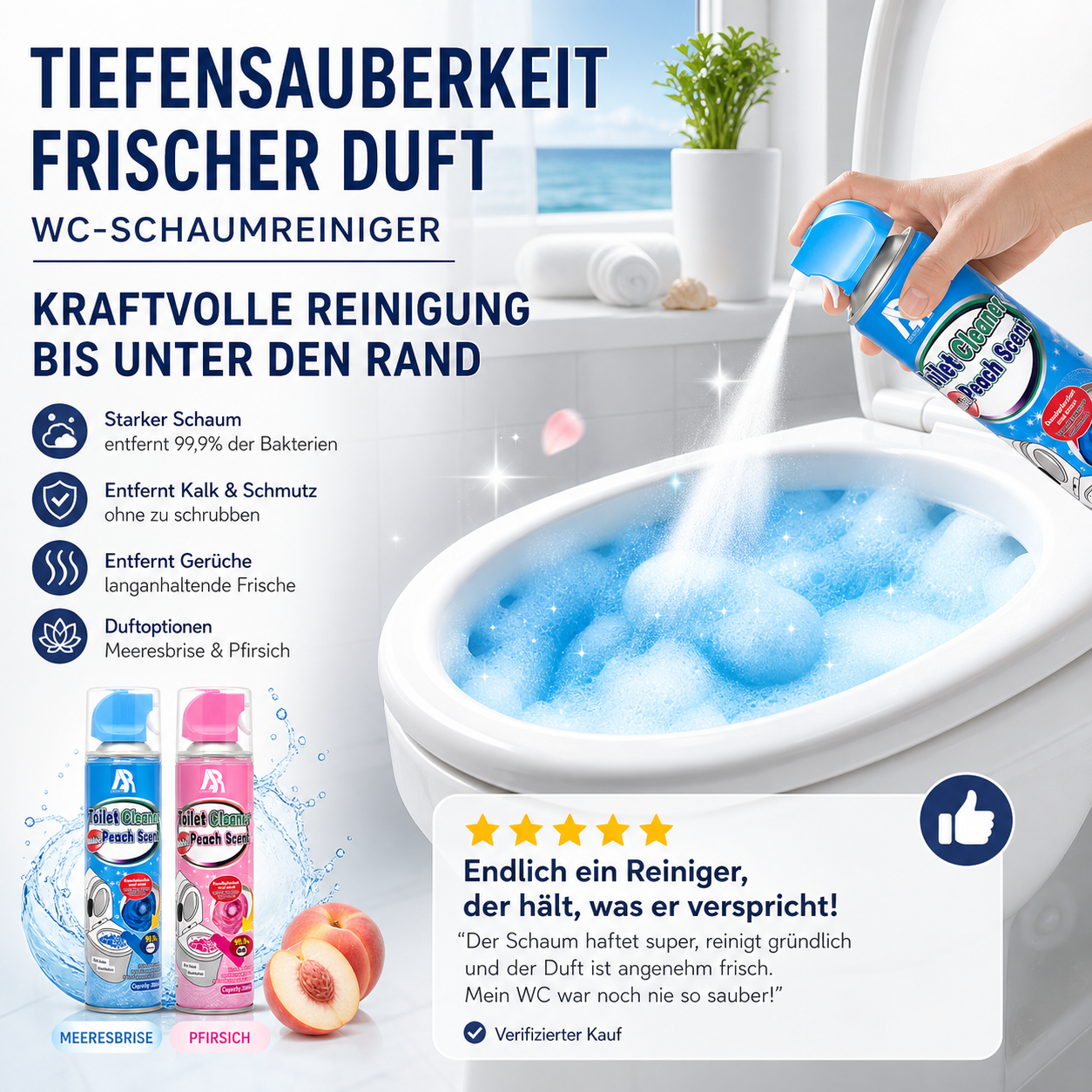 ⏳💥 Nur noch 3 Stunden – 2+1 GRATIS!! 🔥✨ 50 % RABATT! Aufschäumender Toilettenreiniger – dringt in versteckte Ecken, entfernt Flecken und Gerüche. Hinterlässt einen sanften Pfirsichduft. Hygienisch & leistungsstark. 🍑