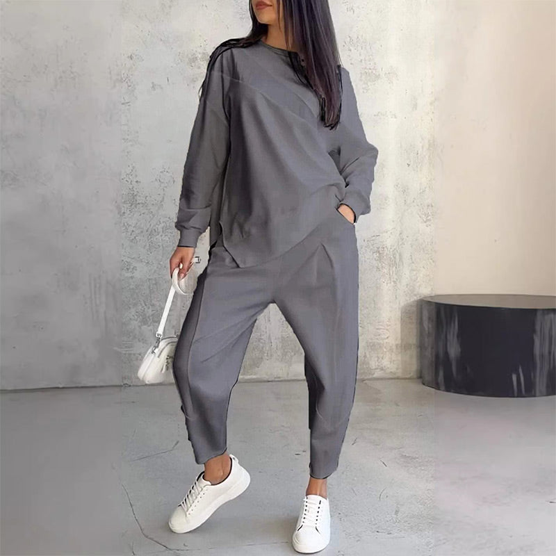 👚 50% RABATT! 💕👖 Damen Langarm-Sweatshirt & Hose Set – Unregelmäßiger Saum, Weiches Material & Bequemer Oversized-Schnitt für Zuhause 🍂
