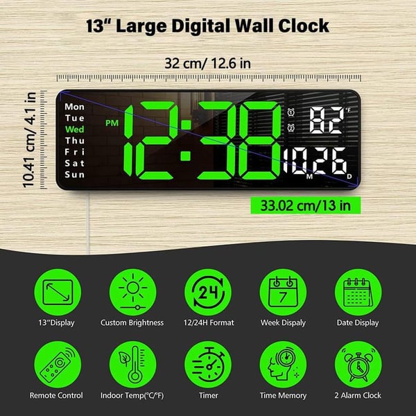 📢📢 50% RABATT !! ⏰ Große Digitaluhr 13 Zoll / 16 Zoll mit Temperaturanzeige, Datum, automatischer Sommerzeit & Nachtlicht mit automatischer Helligkeitsregelung