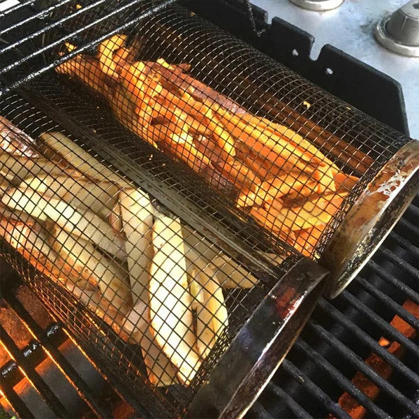 🔥360° rollbarer zylindrischer Grillkorb aus Edelstahl | praktisches BBQ‑Zubehör