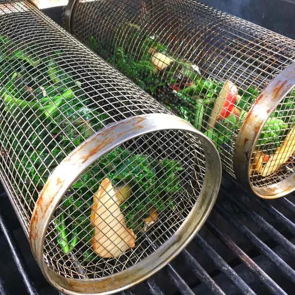 🔥360° rollbarer zylindrischer Grillkorb aus Edelstahl | praktisches BBQ‑Zubehör