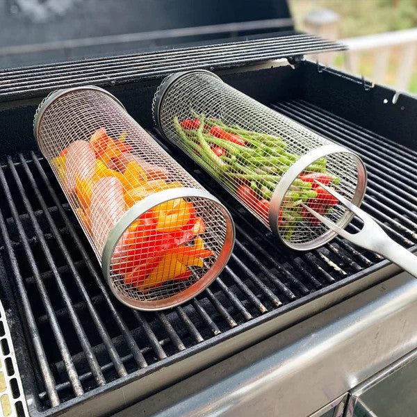 🔥360° rollbarer zylindrischer Grillkorb aus Edelstahl | praktisches BBQ‑Zubehör