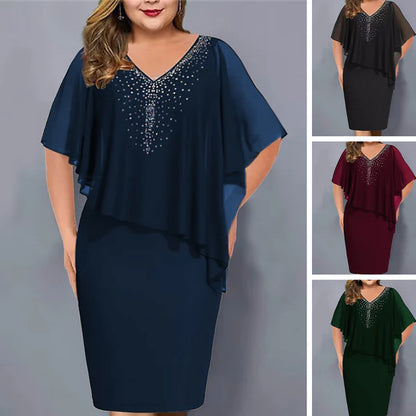 🌸Sommerangebote 2026💐Strassbesetztes Cape-Kleid mit V-Ausschnitt und Chiffon-Überwurf