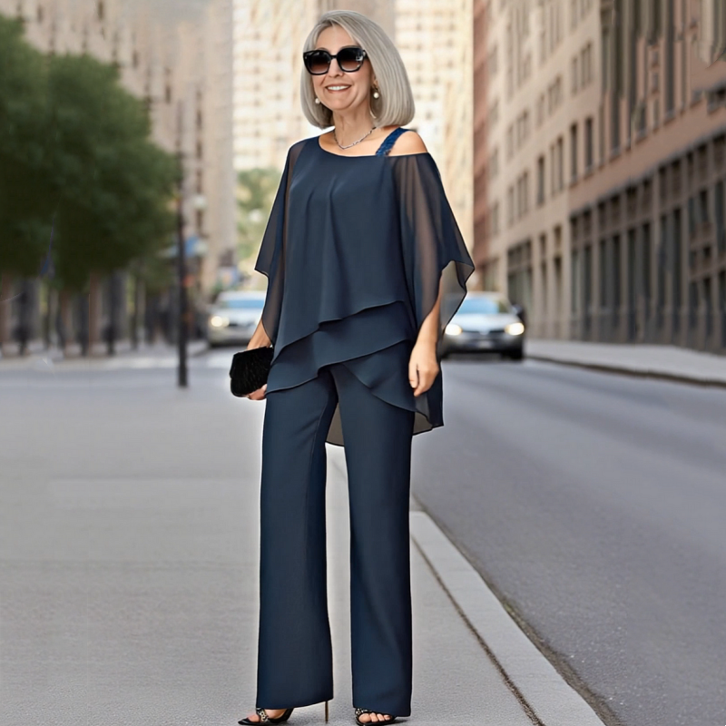 ⏳Limitiertes 50 % Rabatt+KOSTENLOSER VERSAND⏰Unregelmäßiges Chiffon-Oberteil für Damen ＆ Weite Hose 2-teiliges Set👚👖