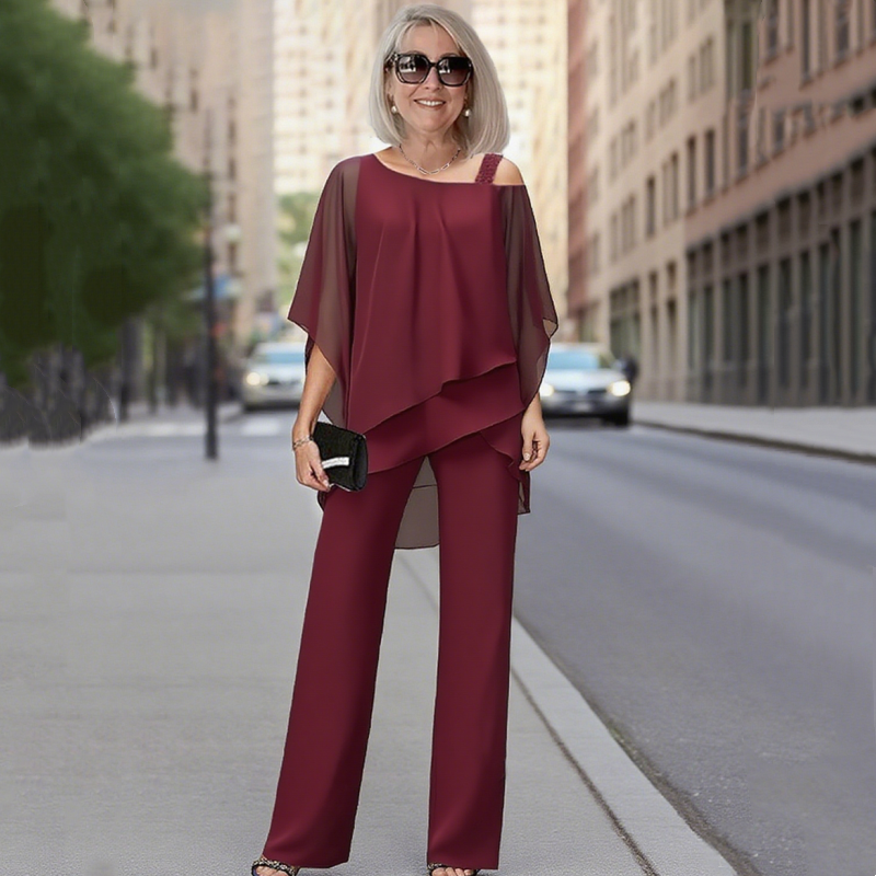 ⏳Limitiertes 50 % Rabatt+KOSTENLOSER VERSAND⏰Unregelmäßiges Chiffon-Oberteil für Damen ＆ Weite Hose 2-teiliges Set👚👖