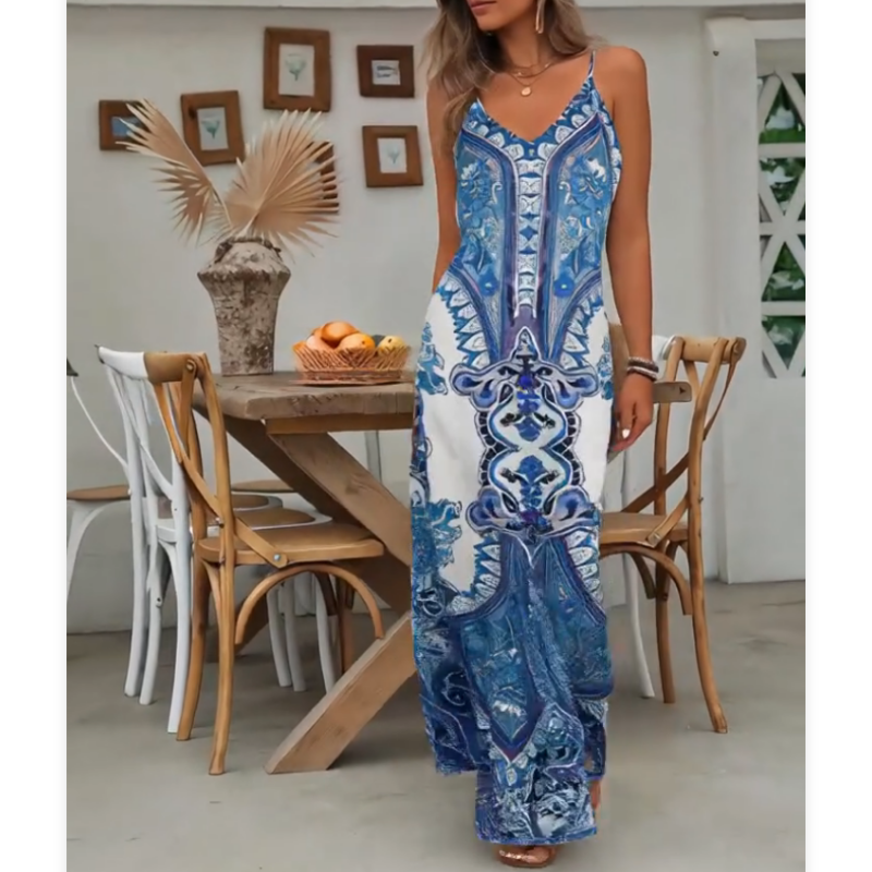 ⏳🔥2026 Hot Sale🎁 Ärmelloses Maxikleid mit Retro-Print und V-Ausschnitt für Damen – perfekt für Urlaub, Date oder Dinner🌺