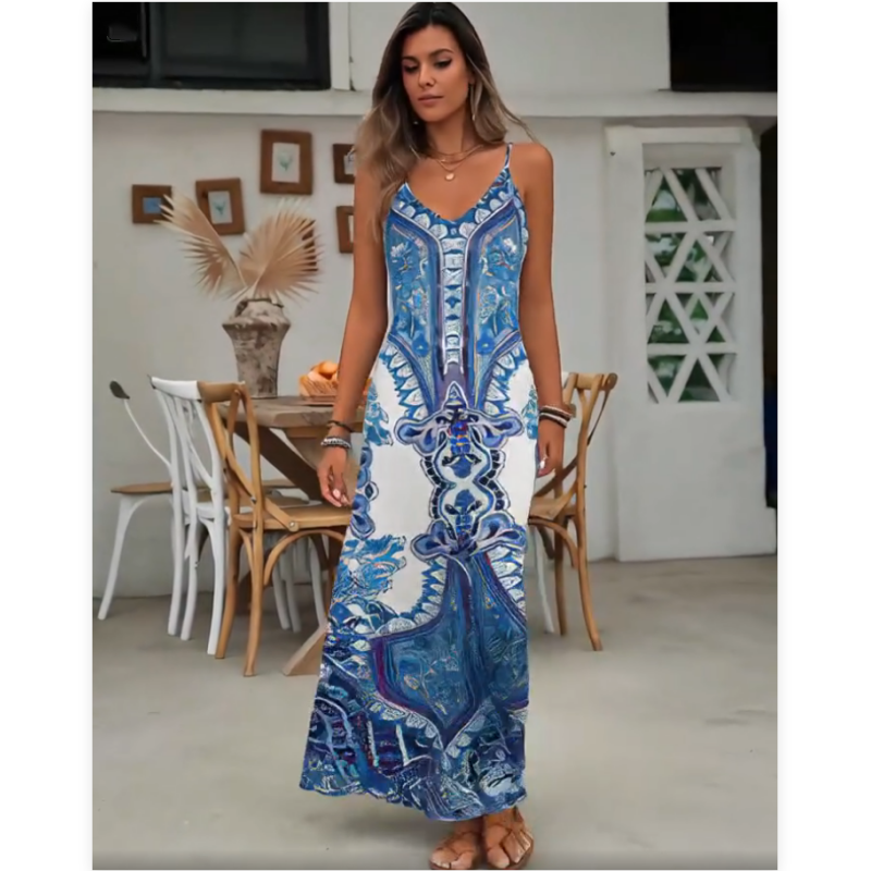 ⏳🔥2026 Hot Sale🎁 Ärmelloses Maxikleid mit Retro-Print und V-Ausschnitt für Damen – perfekt für Urlaub, Date oder Dinner🌺