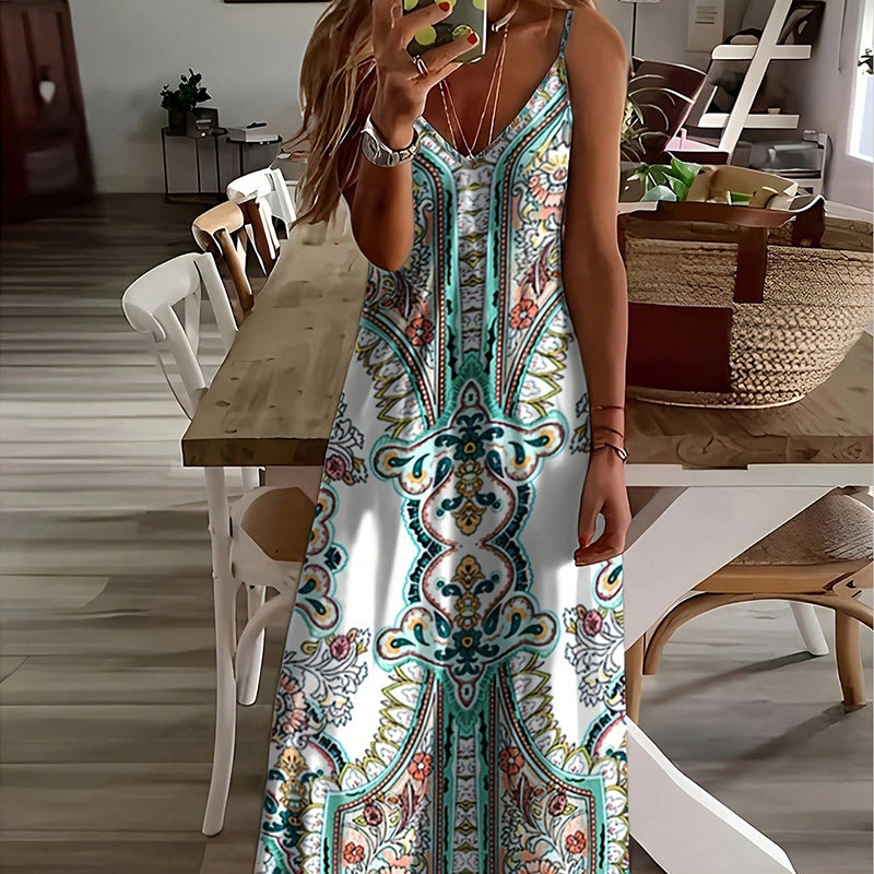 ⏳🔥2026 Hot Sale🎁 Ärmelloses Maxikleid mit Retro-Print und V-Ausschnitt für Damen – perfekt für Urlaub, Date oder Dinner🌺