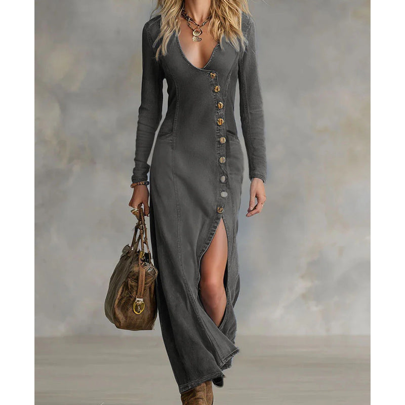 🔥KOSTENLOSER VERSAND🔥👗 Langärmliges Maxikleid mit V-Ausschnitt für Damen – Elegant und bequem für jeden Anlass ✨🌸