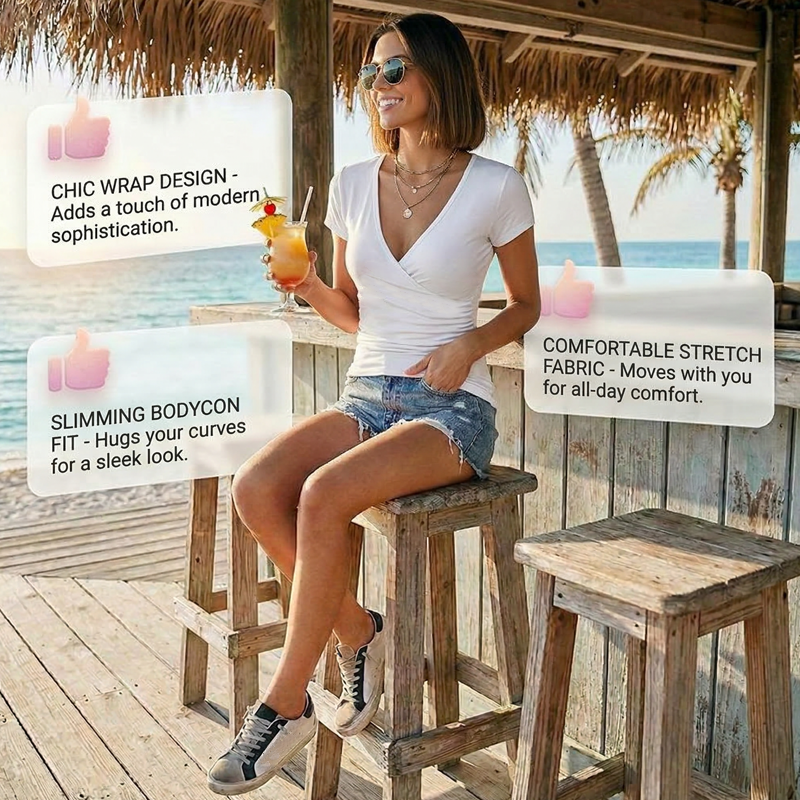 Damen-T-Shirt mit V-Ausschnitt, kurzen Ärmeln und Wickeloptik