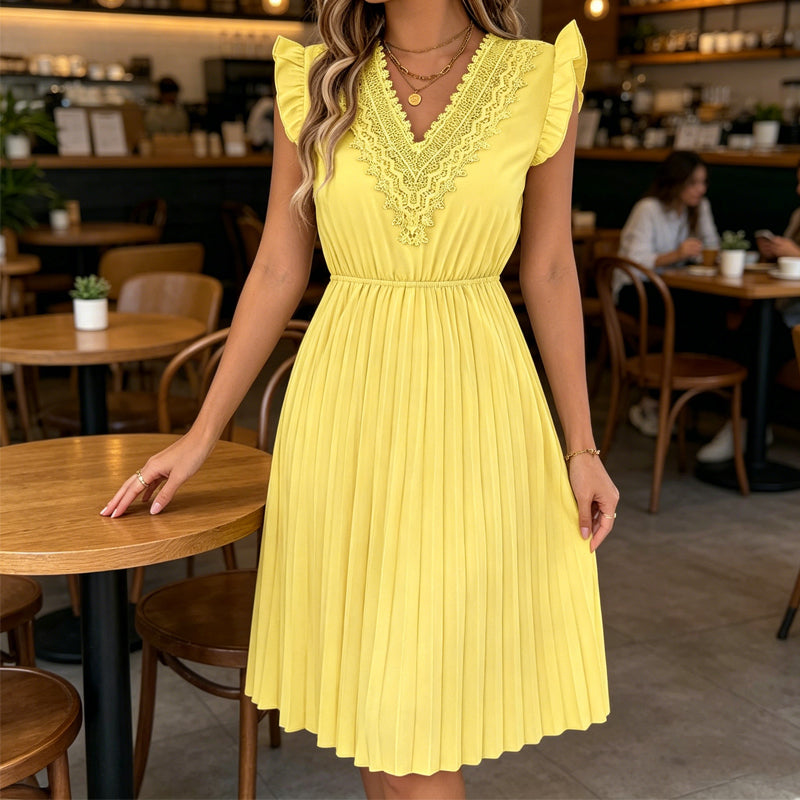 🎁 2026 Neuheit – 50 % Rabatt! 👗🌸 Spitzenkleid mit V-Ausschnitt, Rüschen und tailliertem Schnitt ✨