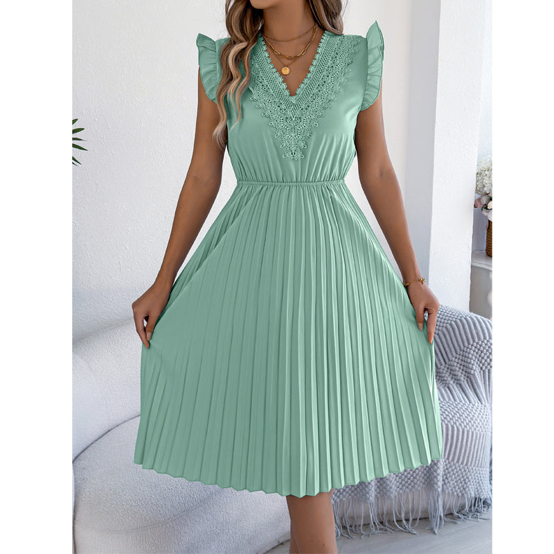 🎁 2026 Neuheit – 50 % Rabatt! 👗🌸 Spitzenkleid mit V-Ausschnitt, Rüschen und tailliertem Schnitt ✨
