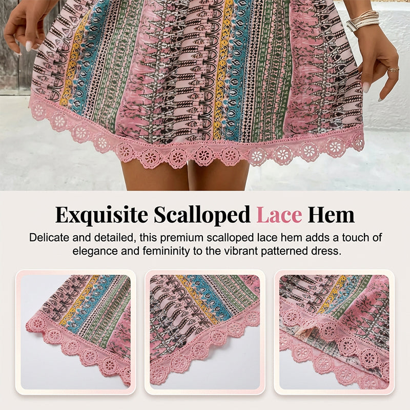 📢📢50 % Rabatt!!🌿✨Minikleid für Damen mit V-Ausschnitt, geometrischem Muster und Spitzenbesatz – perfekt für den Urlaub